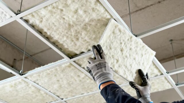 Closeup medium shot of fiberglass acoustic tiles being fitted into a commercial ceiling grid for enhanced noise control.