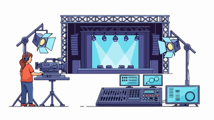 A film crew sets up for a show with a camera, lights, and a soundboard on stage