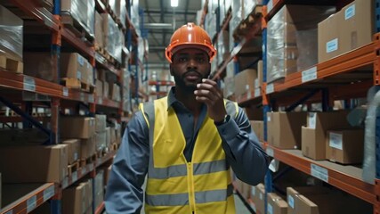 Medium follow shot, African American male warehouse worker walking confidently along modern e-commerce fulfillment center racks, scanning barcodes, automated picking robots background, cinematic light - Powered by Adobe