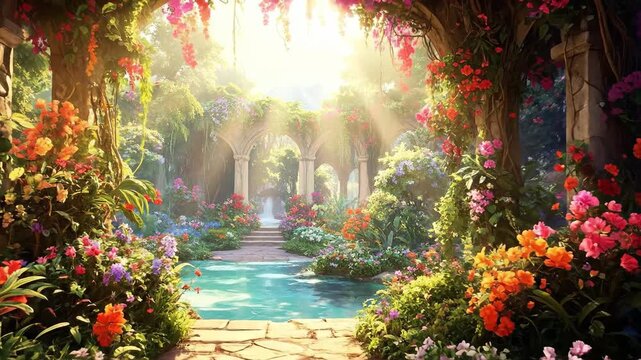 Lush garden pathway with vibrant flowers and stone arches leading to a serene pool.