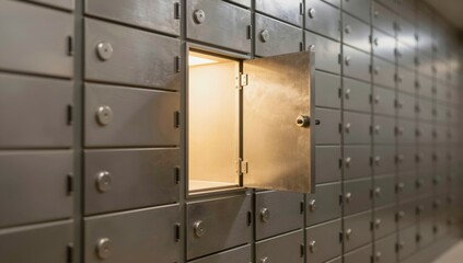 Rows of metallic safe deposit boxes with one compartment door open revealing interior light