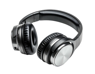 Over-ear headphones, black and silver, angled on black background