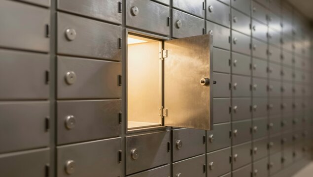 Rows of metallic safe deposit boxes with one compartment door open revealing interior light