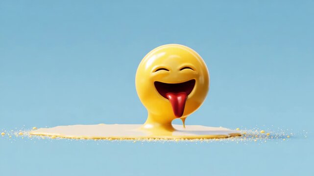 A playful and vibrant animated character expresses joy and excitement, showcasing a colorful smiley design with a bright yellow hue, surrounded by a smooth, glossy liquid base.