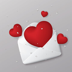 Red heart balloons and confetti floated out of the envelope on gray background