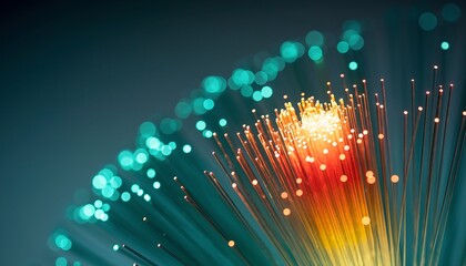 An abstract close up showcases glowing fiber optic cables radiating light creating a visually stunning and futuristic network effect