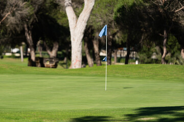 Obraz premium Green golf course under the golden glow of a setting sun. Sprinklers actively water the well-maintained grass showcasing an idyllic environment for relaxation and outdoor sports.