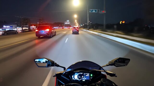 A first-person view from a motorcycle riding down a highway at night, surrounded by cars and city lights. 4k Video footage.