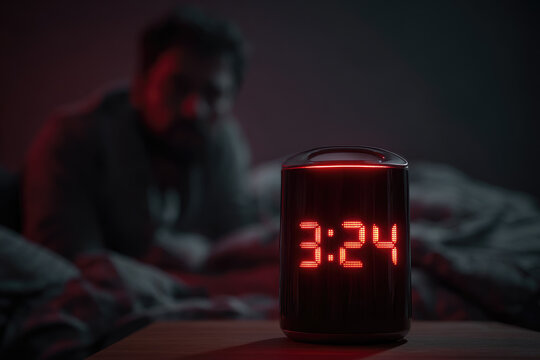 Sleep apnea and insomnia can disrupt rest as man sits awake in bed at night with digital alarm clock showing 324 glowing red in dark room