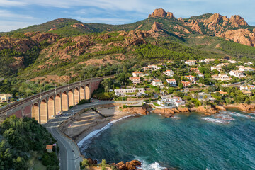 Aerial view of the village of Antheor with its historic railway bridge on French Riviera