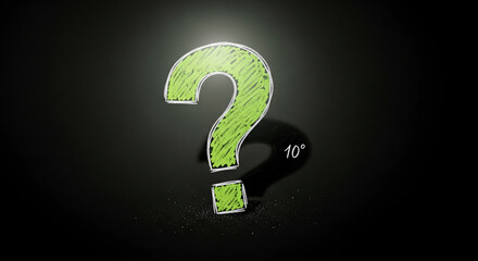 Glowing green question mark drawn with white outline on dark background. Represents uncertainty, inquiry, solution, investigation, or problem solving