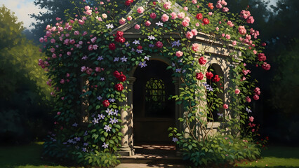 Fototapeta premium A serene stone gazebo surrounded by lush greenery and vibrant flowers in a picturesque garden scene viewed from a slight distance.