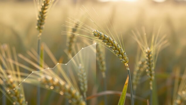 Close up of a wheat stalk in a field with a financial graph overlayed at sunrise