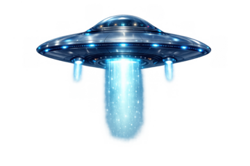 Flying saucer ufo creating a bright tractor beam descending from its alien spaceship, transparent background, science fiction concept