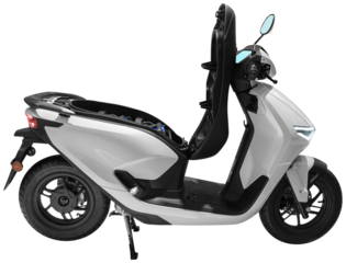 Side view white electric motorcycle open the seat