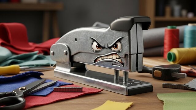 Fierce cartoon stapler with angry face on a crafting table with fabric, scissors, thread, and staples