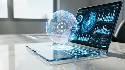 Futuristic Laptop Displaying Data Visualizations and a Holographic Globe. - Powered by Adobe