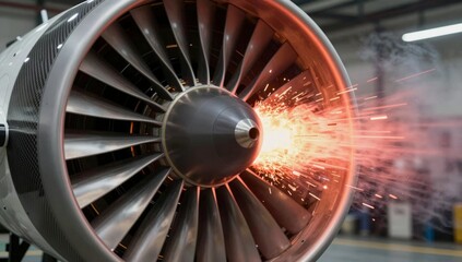 Fototapeta premium Close up of a jet engine turbine with sparks flying from the central cone