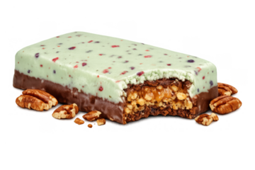 Bitten protein bar with mint coating, chocolate layer, caramel, nuts, and pecans, a healthy treat and high energy snack