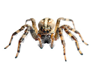 Front view, detailed close-up of a brown, hairy spider with large eyes