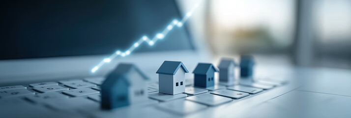Mini houses on keyboard align with rising chart, suggesting property growth.