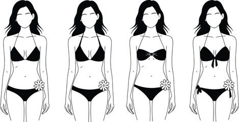 Women bikini fashion illustration set with four stylish swimwear designs summer beachwear female body outline vector
