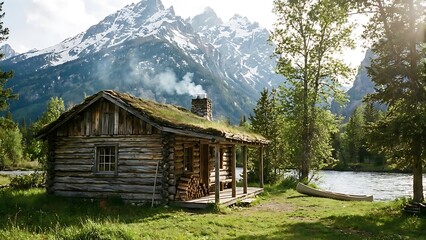 Rustic log cabin with a green grass roof nestled by a serene river, set against a majestic backdrop of snow-capped mountains and lush forest, evoking a peaceful wilderness retreat
