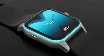 Close-up of a gray smartwatch with a luminous blue screen and a dark band, representing innovation and modern technology for time management