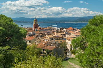 Clock tower of the Church of Our Lady of the Assumption in Saint-Tropez, French Riviera.