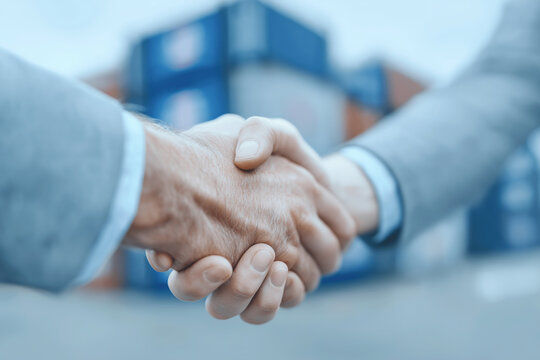 Close-up handshake seals partnership with warehouse background and soft bokeh. - Powered by Adobe