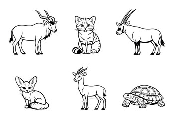 Fototapeta premium Illustrated safari: antelope, cat, fennec fox, tortoise, and more
