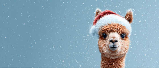 Obraz premium A brown alpaca wearing a Santa hat on a snowy background looks directly at the camera