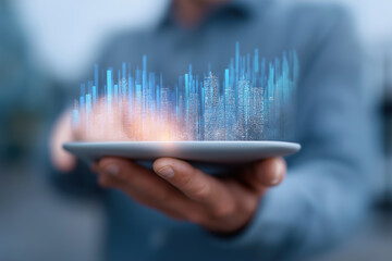 blurred man uses tablet with city skyline overlay showing connected data.