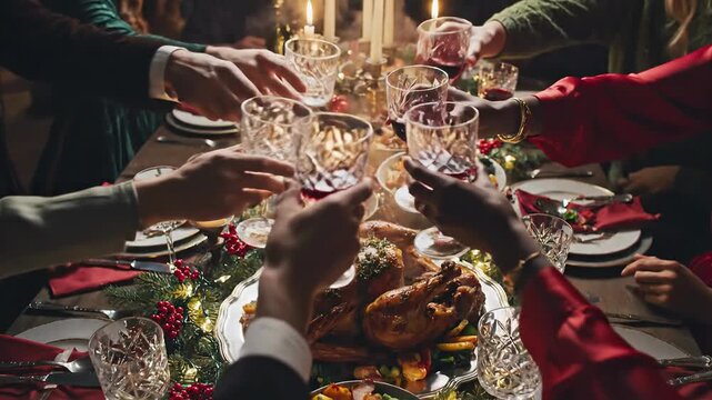 Festive Gathering: A Toast to Togetherness at a Beautifully Lit Holiday Feast