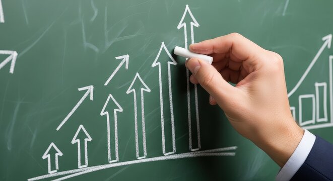 Business Growth Chart with Hand Drawing Arrows on Green Chalkboard - Powered by Adobe