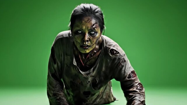 Green Screen Zombie Woman Crawling Forward with Scary SFX Makeup