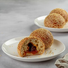 High-quality photo of traditional Indonesian onde-onde, whole and split open, showing melted palm sugar filling, crispy sesame texture, clean studio background.
