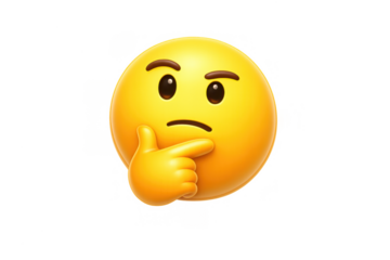 Thinking face emoji with hand on chin illustrating thought, reflection, skepticism, questioning, or confusion on transparent background