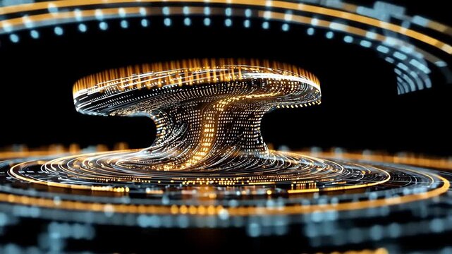 A spinning abstract digital data flow sculpture with glowing lines and binary code patterns in dark space. 4k Video footage.