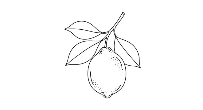 Artistic line drawing of a lemon branch with a single ripe citrus fruit and several leaves for botanical illustration.