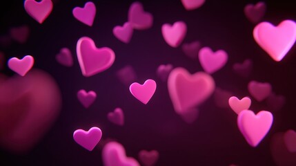 Glowing pink hearts floating on a black background, with cartoon cute heart-shaped bokeh, creating a romantic Valentine's Day atmosphere