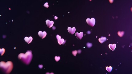 Glowing pink hearts floating on a black background, with cartoon cute heart-shaped bokeh, creating a romantic Valentine's Day atmosphere