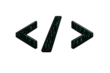Html tag symbols representing coding, programming, web development, and digital technology on a transparent background