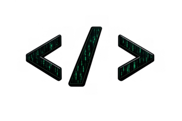 Html tag symbols representing coding, programming, web development, and digital technology on a transparent background