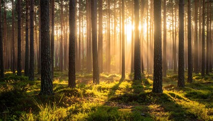 Obraz premium Golden Sunlight Streams Through Pine Forest Trees Casting Long Shadows on Mossy Ground