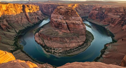 A breathtaking landscape of a horseshoe-shaped meander of a river surrounded by rugged, layered rock formations