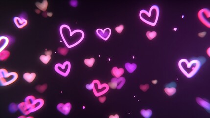 Glowing pink hearts floating on a black background, with cartoon cute heart-shaped bokeh, creating a romantic Valentine's Day atmosphere