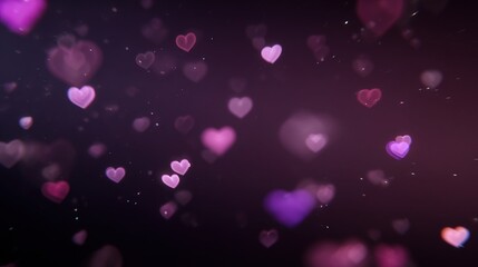 Glowing pink hearts floating on a black background, with cartoon cute heart-shaped bokeh, creating a romantic Valentine's Day atmosphere