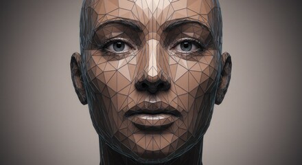 A woman's face with a geometric wireframe overlay on a gradient background