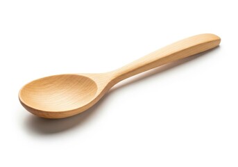 Single light wooden cooking spoon rests diagonally on a pure white background